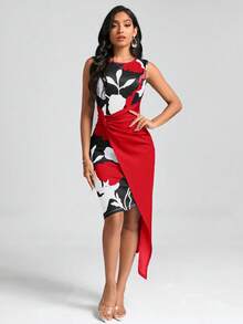 SHEIN Clasi 女士花卉印花扭结不对称下摆连衣裙 - 紅色 - 查看 3