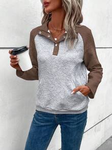 SHEIN LUNE 連結半門襟拼色插肩袖運動衫 - 咖啡棕 - 查看 6