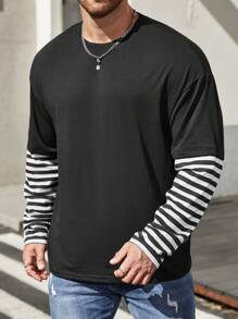 SHEIN Manfinity Homme Men's Plus Size Striped Patchwork Long Sleeve T-Shirt - Black - View 1