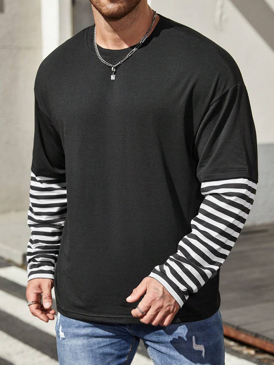 SHEIN Manfinity Homme Men's Plus Size Striped Patchwork Long Sleeve T-Shirt - Black - View 1