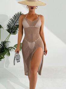 SHEIN Swim 女士吊带高开叉罩衫婚礼夏季连衣裙 - 卡其色 - 查看 1