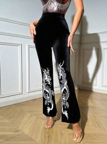 Allurite Chinese Dragon Flare Leg Pants - Black - View 1