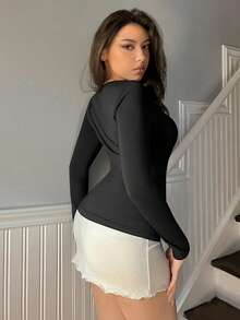 SHEIN Privé Asymmetrical Collar Rhinestone-Embellished Long-Sleeved T-Shirt - Black - View 2