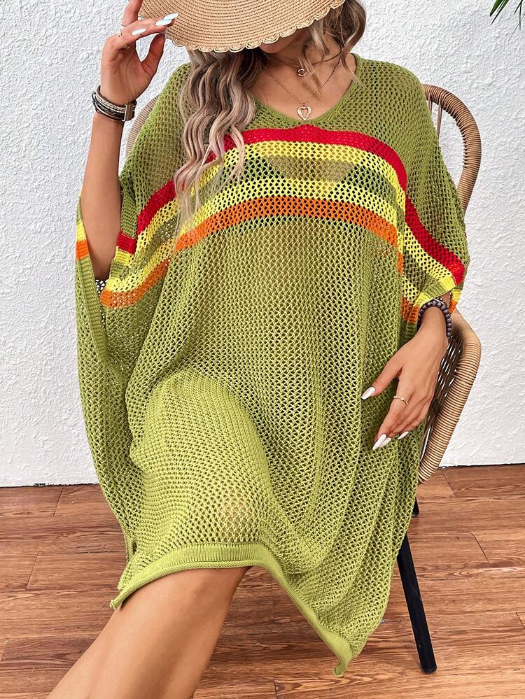 Women's Striped Color Block Batwing Sleeve Knit Pullover Fall Winter Sweater