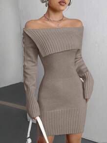 SHEIN Unity 女士時尚折疊露肩毛衣連身裙 - 卡其色 - 查看 1