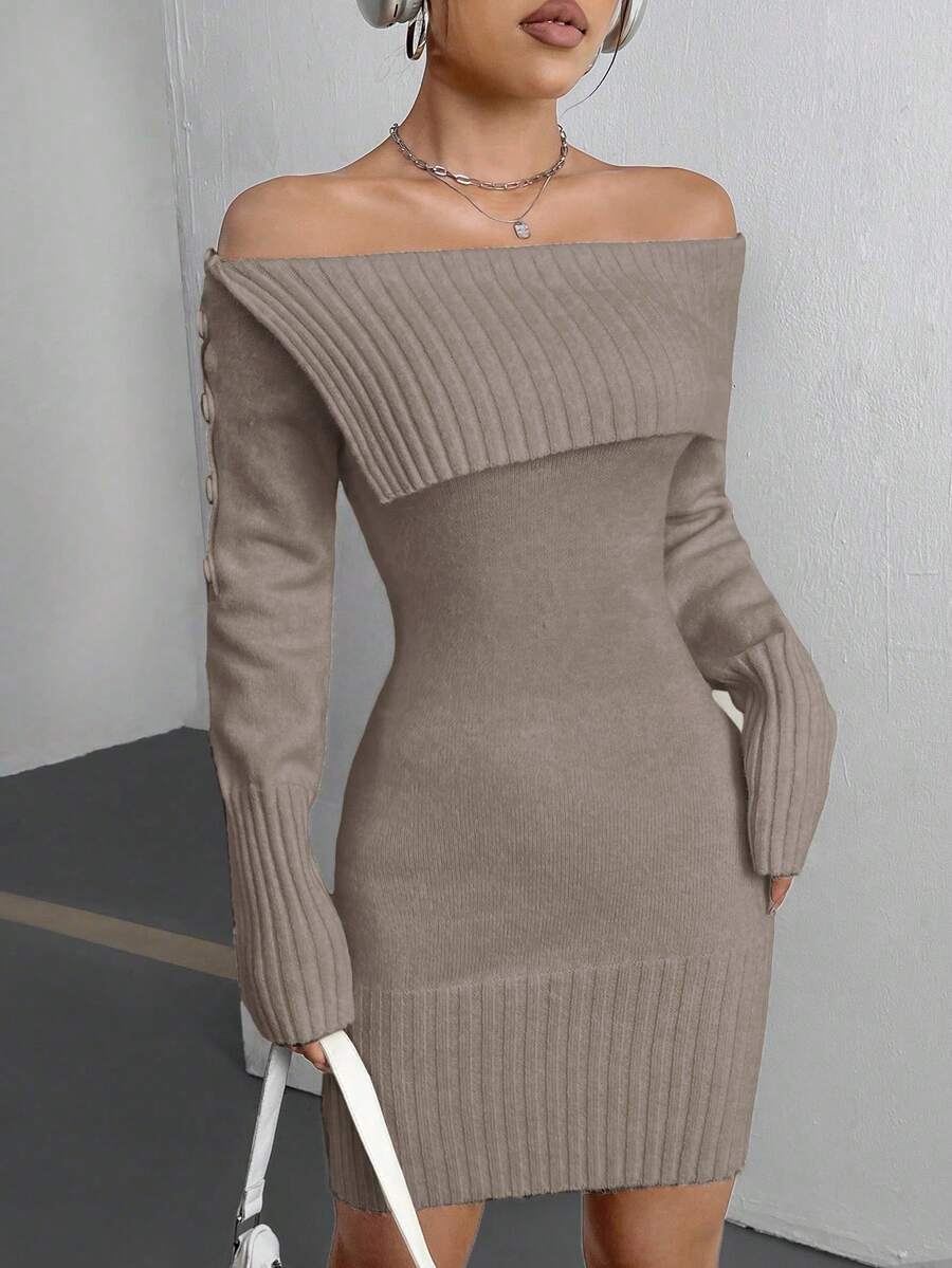 SHEIN Unity 女士時尚折疊露肩毛衣連身裙 - 卡其色 - 查看 1