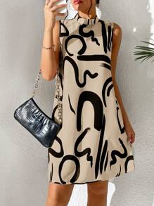 Chiquease Women's Sleeveless Printed Stand Collar Loose Dress - Multicolor - View 4