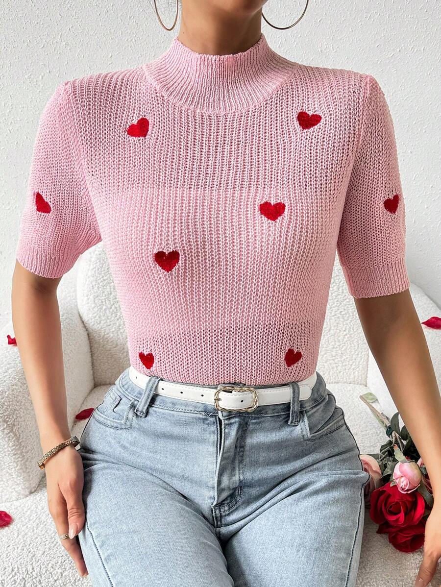 SHEIN LUNE 女款心型刺繡立領針織毛衣 - 粉色 - 查看 1