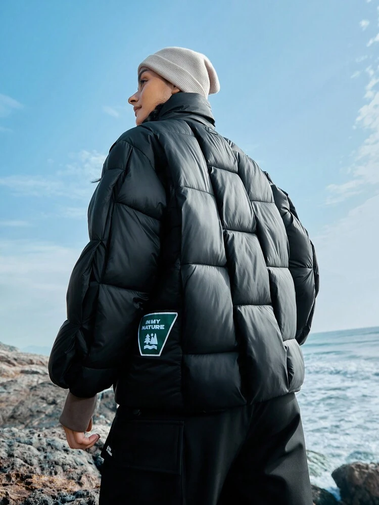 Women's Zip Front Stand Collar Padded Coat With Letter Patch