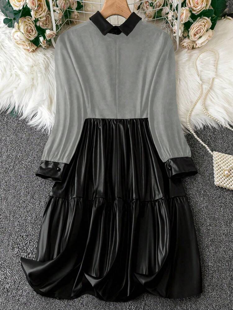 Women'S Color Block Patchwork Fabric Dress Fall Cloth For Women