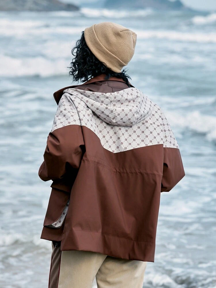 Women's Drawstring Waist Contrast Color Hooded Outdoor Jacket