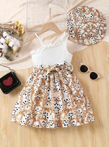 SHEIN 小女孩鏈條肩帶單肩印花連衣裙 - 白色 - 查看 1