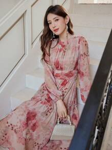 DAZY Đầm nữ in hoa, đầm hoa xếp nếp, đầm tay dài mùa thu, đầm lễ Phục sinh - Hồng - Xem 9