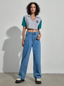 Forever 21 Vintage Style College Crew Neck Color Block Letter Print Cropped T-Shirt - Grey - View 5