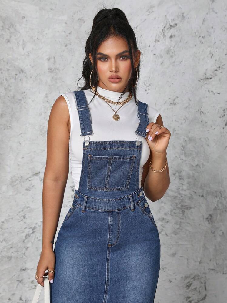 denim dress shein ICON High Slit Split Thigh Denim Overall Dress Without Tube Top Light Wash Casual Sleeveless Denim Plain Pinafore Non denim sexy dress SHEIN ICON