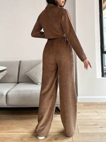 EURMUSE 2pcs/Set Lapel Collar Cropped Jacket & Stech Waist Pants - Coffee Brown - View 2