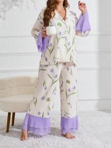CottageSlumber Conjunto de pijama de manga larga con estampado de tulipanes para mujer de talla grande, ropa de otoño - Albaricoque - View 5