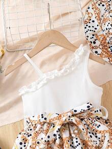 SHEIN 小女孩鏈條肩帶單肩印花連衣裙 - 白色 - 查看 3