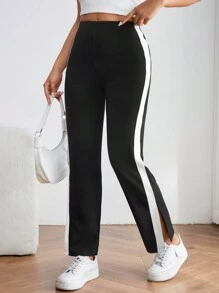 SHEIN PETITE Contrasting Side Seam Pants - Black and White - View 1