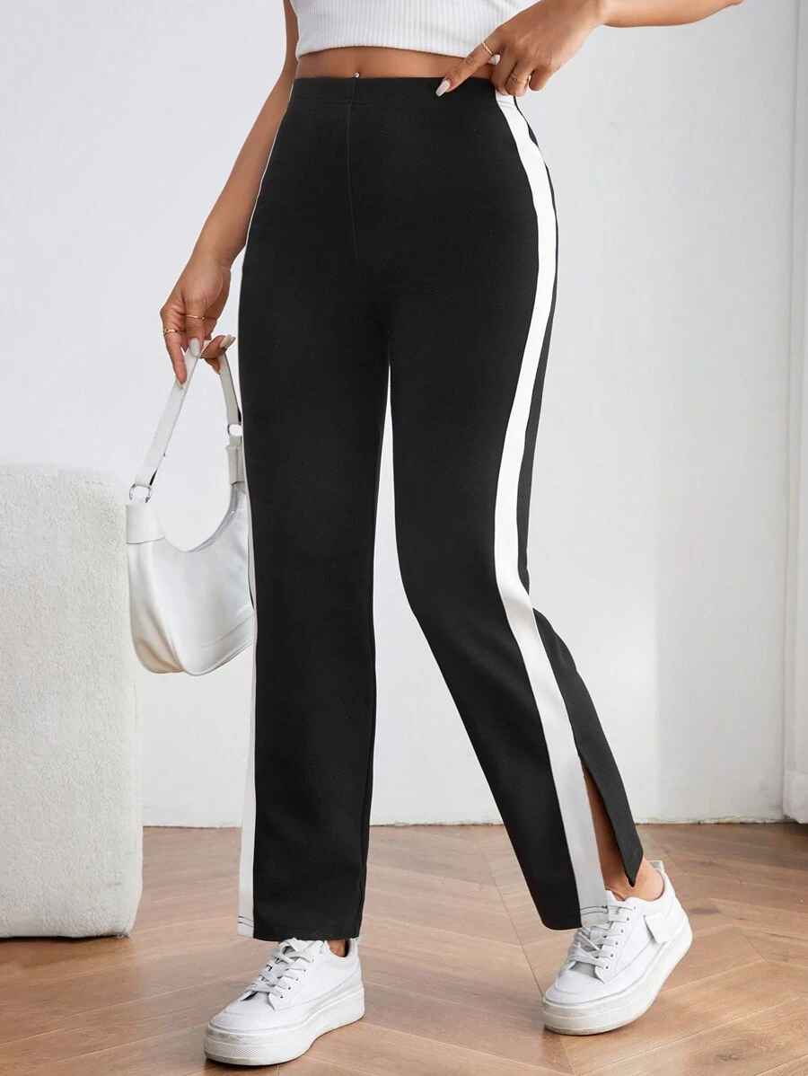 SHEIN PETITE Contrasting Side Seam Pants - Black and White - View 1