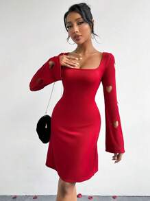 SHEIN Essnce Casual Women Heart Hollow Out Flare Sleeve Dress For Valentine's Day