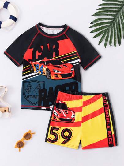 SHEIN 男生休閒圓領拼色汽車圖案短袖t卹+短褲泳衣2件/套