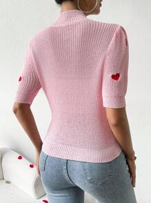 SHEIN LUNE 女款心型刺繡立領針織毛衣 - 粉色 - 查看 2