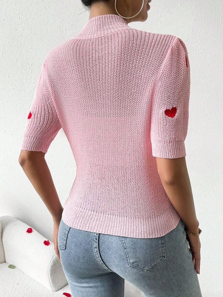 Women's Knitted Sweater With Heart-Shaped Embroidery And Stand Collar
