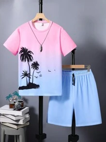SHEIN Explorewe Teen Boy Palm Tree Printed Ombre Short Sleeve T-Shirt And Shorts Set - Multicolor - View 3