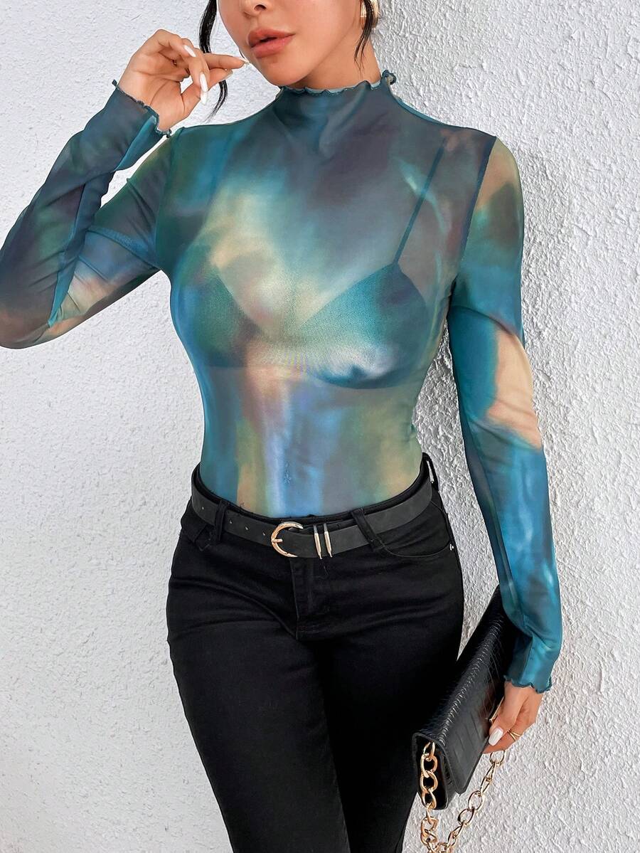 SHEIN Essnce 女式紮染立領上衣 - 綠色 - 查看 1