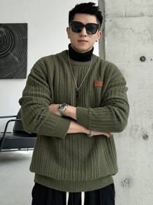 DAZY Men's Letter Patch Drop Shoulder Sweater Fall,Winter - Army Green - View 5