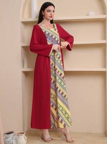 Al Najma Women's Embroidered Patchwork Square Neck Dress Kaftan Jalabiya Dress - Red - View 3