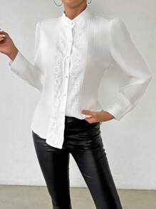 RosyDaze 女式蕾丝拼接褶皱衬衫 - 白色 - 查看 5