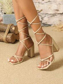 女款杏色露趾涼鞋性感時尚派對新款交叉綁帶方頭高跟鞋簡約優雅舒適高瘦粗跟鞋 - 杏色 - 查看 2