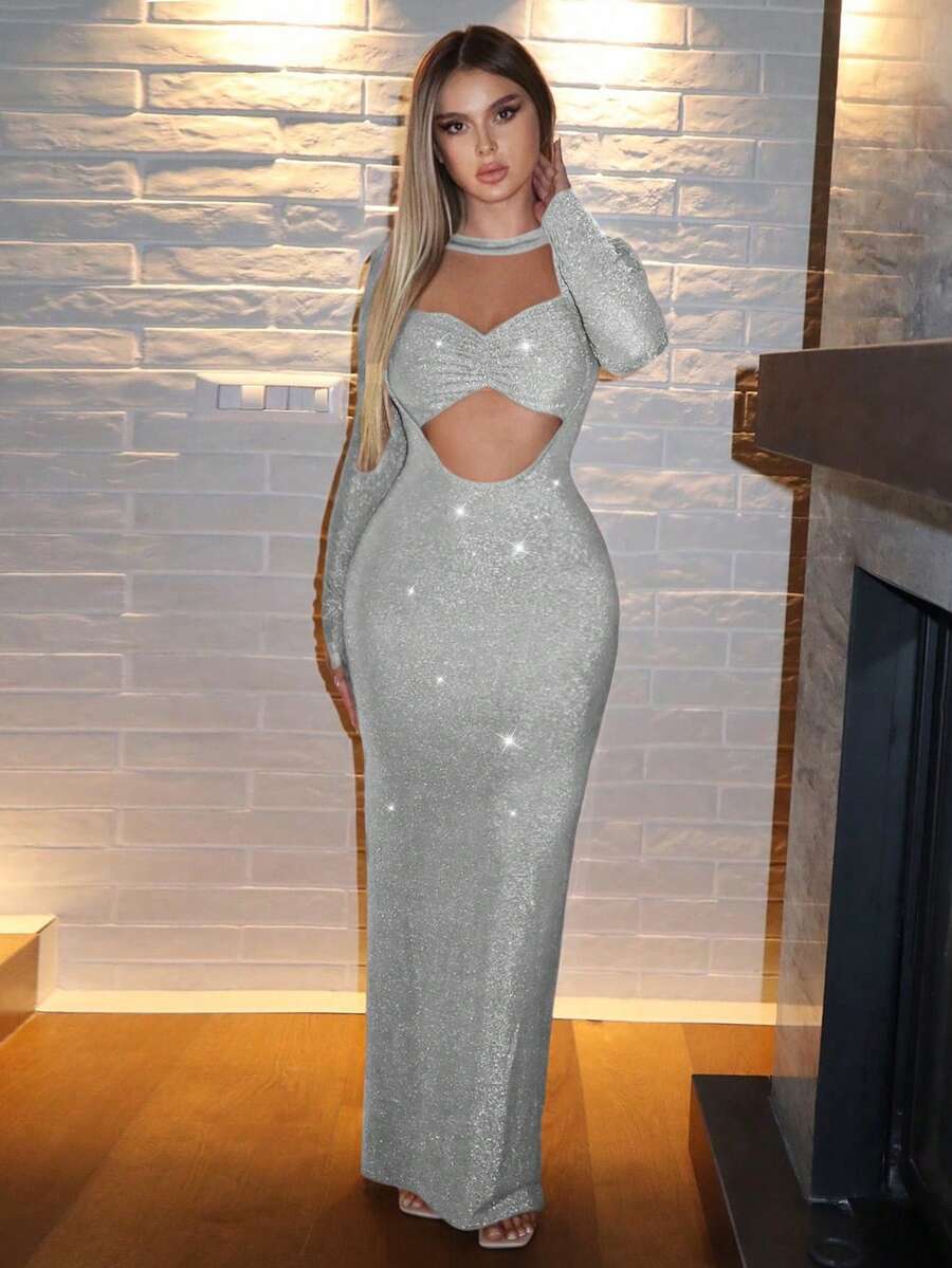SHEIN SXY 女士閃光中空修身連身裙 - 銀色 - 查看 1