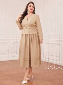 Modelyn Plus Size Casual Solid Color Dress Long Evening Dresses - Khaki - View 6