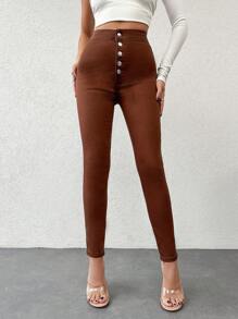 EURMUSE Button-Down Skinny Jeans - Brown - View 6