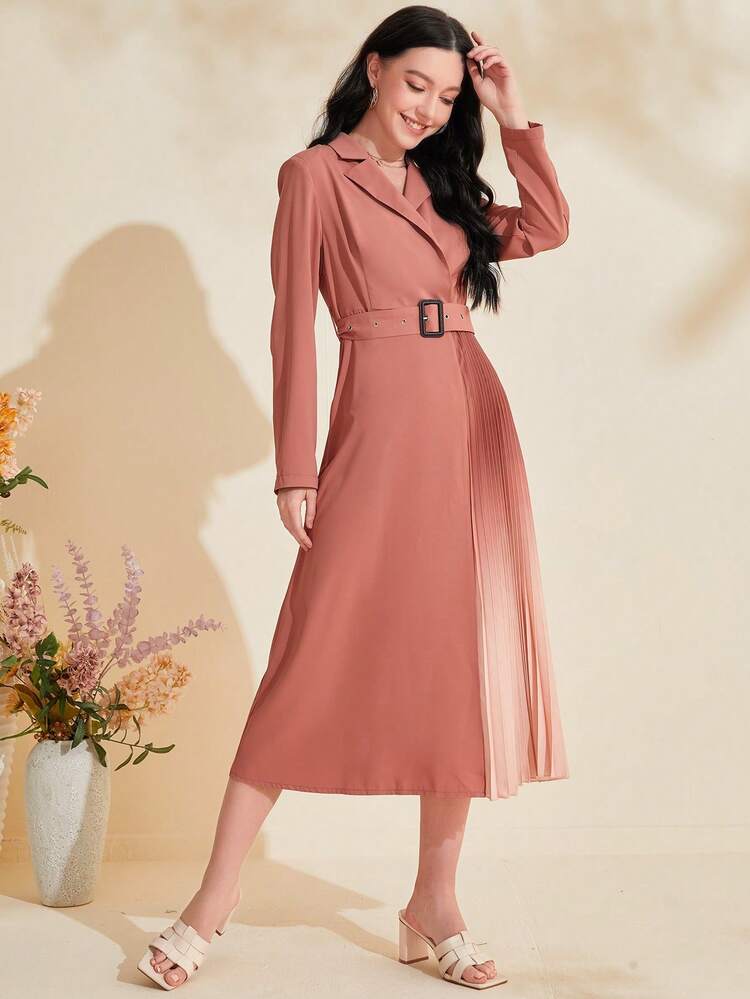 Women'S Color-Blocked Collar Pleated Hem Belted Dress Fall Cloth For Women