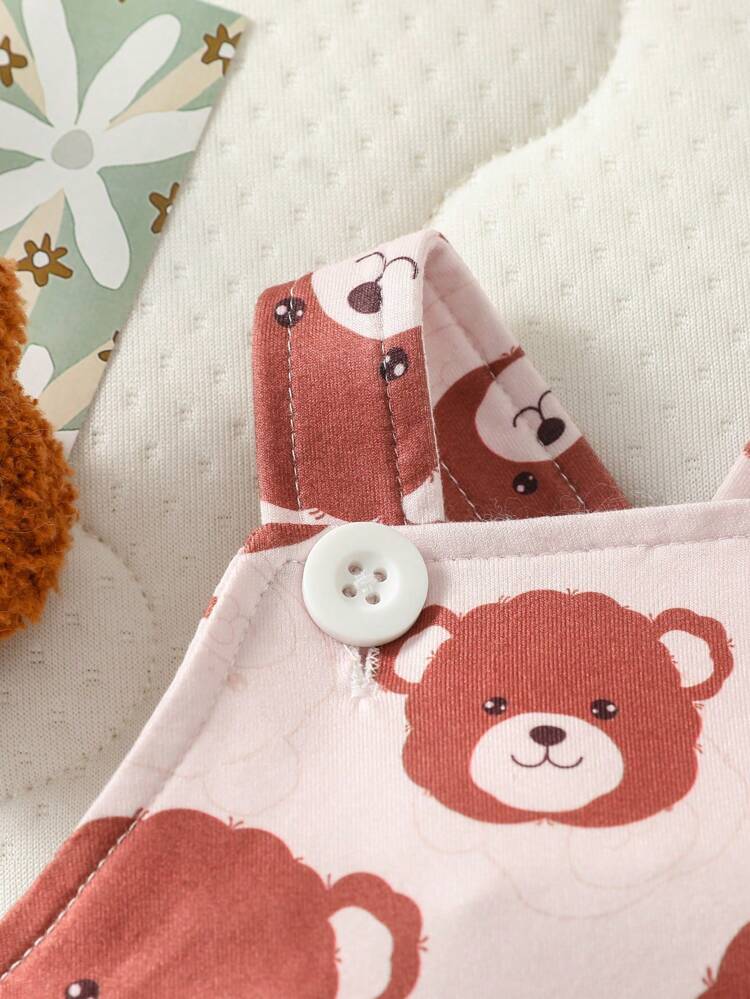 Baby Girls' Cartoon Bear Print Strap Bodysuit