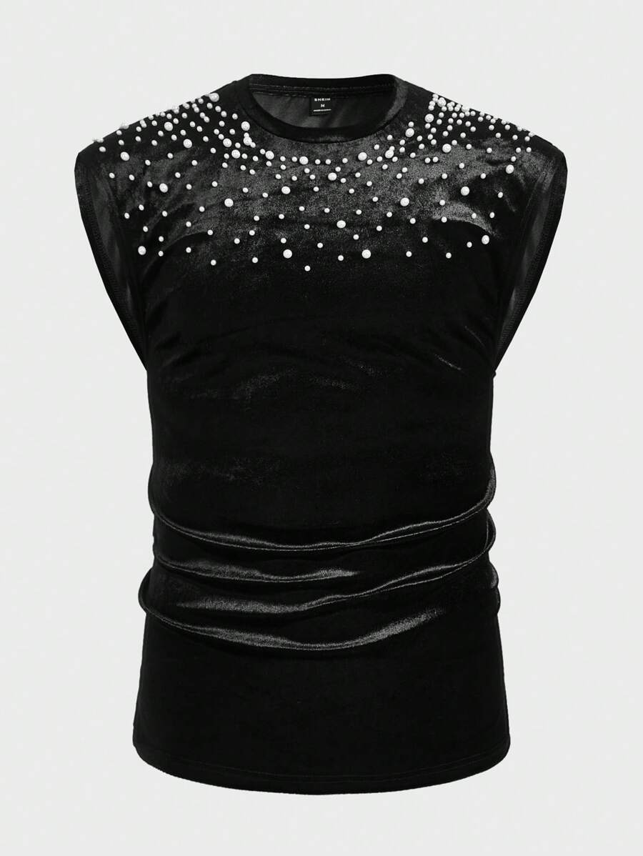 GENTILAND 男士休閒無袖背心上衣，帶有珍珠釘細節 - 黑色 - 查看 1