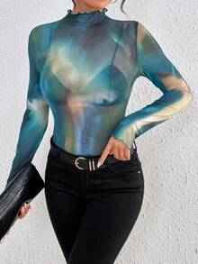 SHEIN Essnce 女式紮染立領上衣 - 綠色 - 查看 3