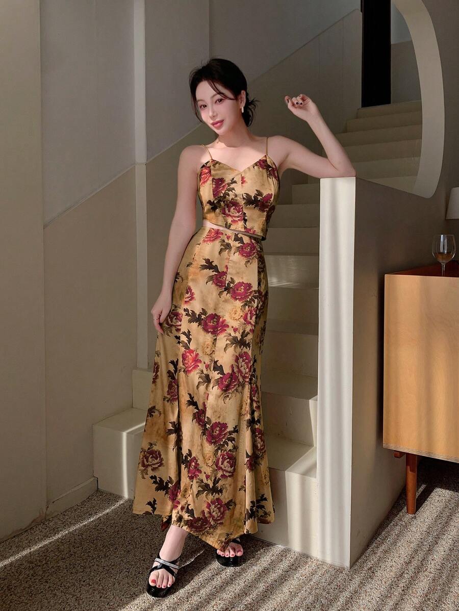 EastFlair Women's Retro Chinese-Style Asymmetric Printed Camisole Top With Fish Tail Hem And Slim Skirt Set - Yellow - View 1