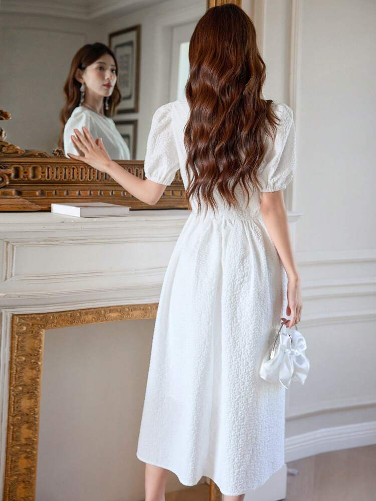 Women'S Round Neck Short Puff Sleeve Dress Sundress,Casual Women Dresses