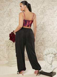 SHEIN BAE Pantalon Cargo À Taille Cordon De Serrage Pour Femmes De Grande Taille Avec Poches Inclinées Et Ourlets Plissés - Noir - Voir 2