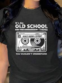 Women's Slogan Tape Printed Round Neck T-Shirt - Dark Grey - View 3