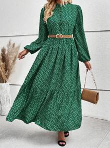 SHEIN LUNE All Over Printed Lantern Sleeves Dress Maxi Women Outfit - Multicolor - View 1