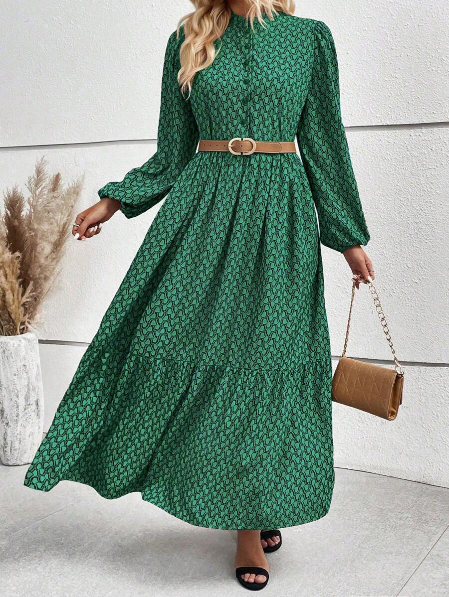 SHEIN LUNE All Over Printed Lantern Sleeves Dress Maxi Women Outfit - Multicolor - View 1