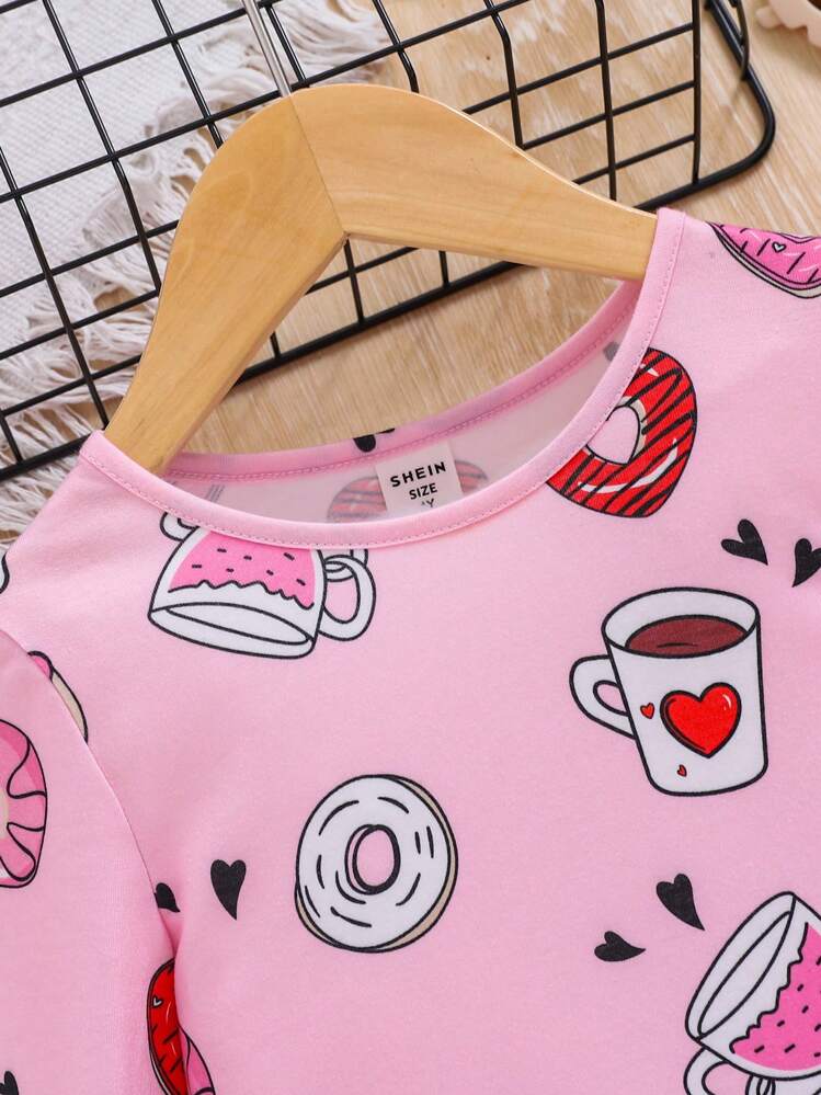 SHEIN فستان فتاة شابة بطباعة رسوم متحركة وياقة دائرية وأكمام طويلة - الأحمر - مشاهدة 4