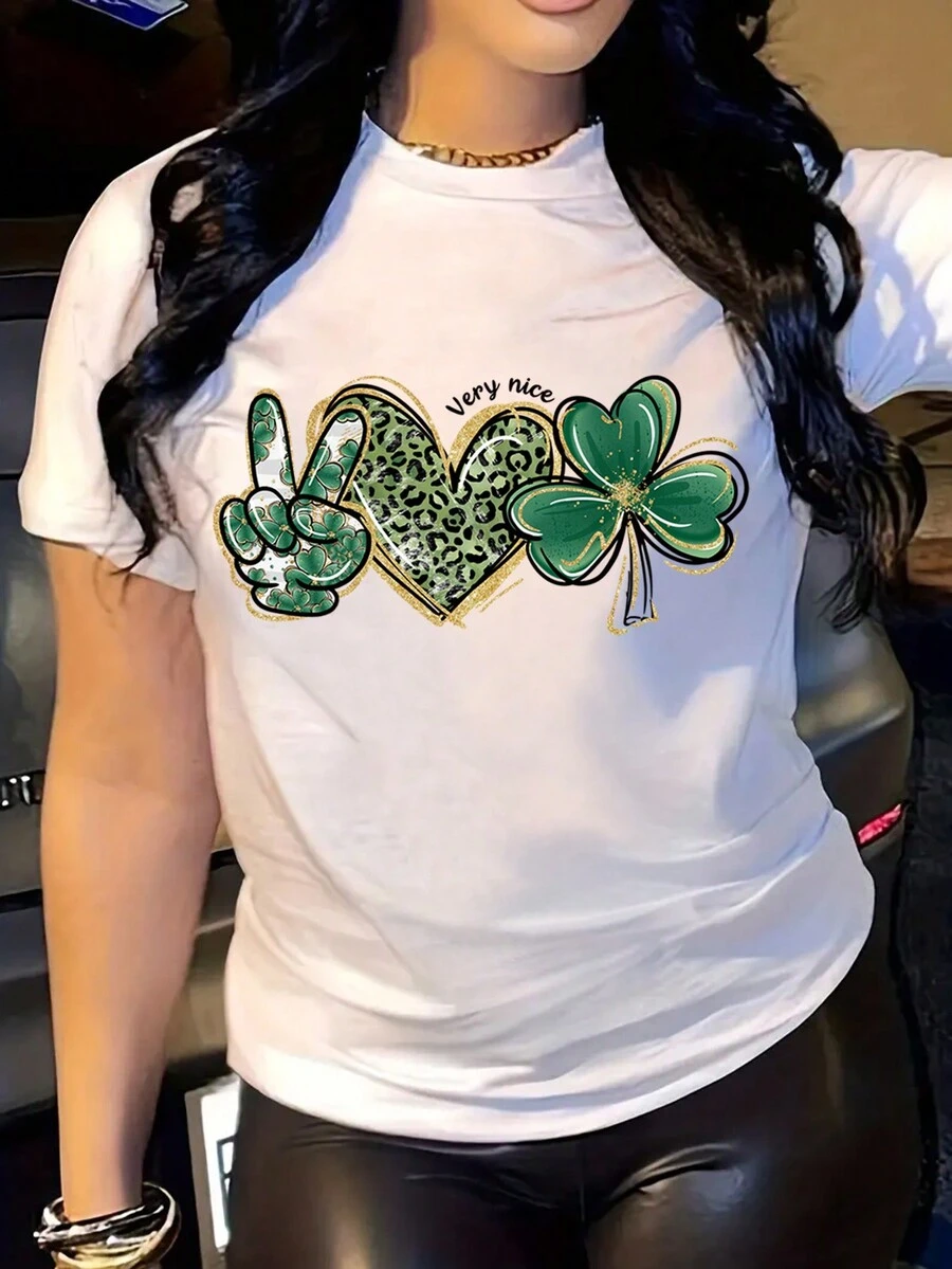 INAWLY 女款字母心形印花短袖 T 卹 - 白色 - 查看 1