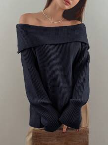 DAZY Off Shoulder Tay áo dài Áo len - Xanh đậm - Xem 4